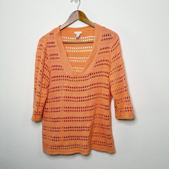 Chico’s Coral Open Knit Linen Crochet V Neck Beachy Top Size 2 (L) - Picture 1 of 13